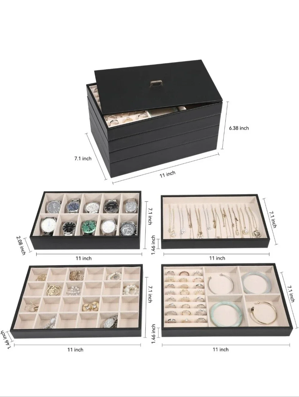 Voova Stackable Jewelry Organizer Tray with Lid (Set of 4, Black)